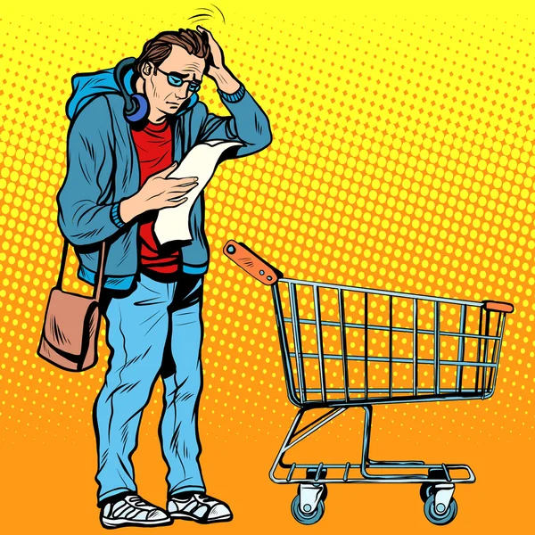 El comprador con un carrito de comestibles — Vector de stock