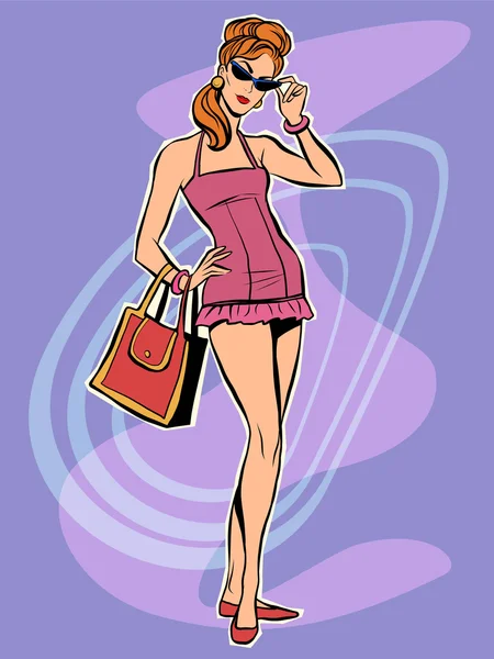Menina retro ruiva bonita em vestido curto — Vetor de Stock