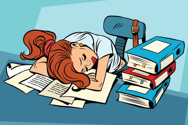 Ung kvinna sover på jobbet eller i skolan — Stock vektor