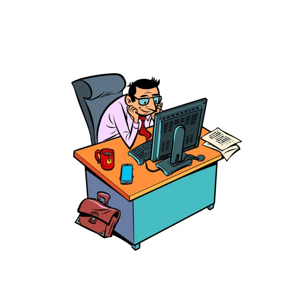 Glücklich lächelnder männlicher Geschäftsmann arbeitet an einem Büroarbeitsplatz am Computer — Stockvektor