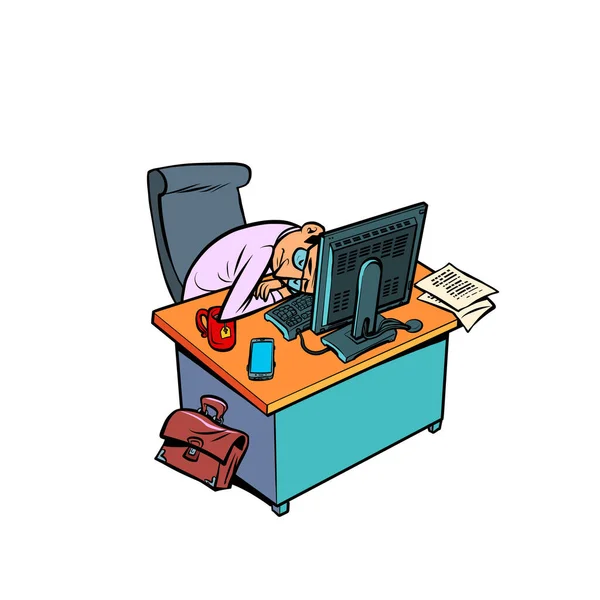 Somnoliento hombre de negocios cansado trabaja en un lugar de trabajo de oficina en una computadora — Vector de stock