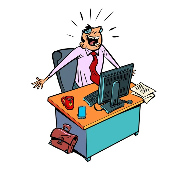 Homem de negócios feliz trabalha em um local de trabalho de escritório em um computador — Vetor de Stock