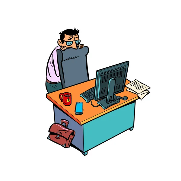 Un hombre de negocios asustado y tímido trabaja en un lugar de trabajo de oficina en una computadora — Archivo Imágenes Vectoriales