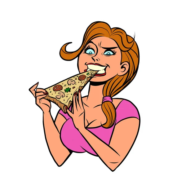 Забавная голодная девушка ест пиццу — стоковый вектор