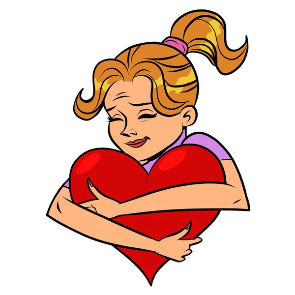 Girl in love hugs red heart — Stock Vector