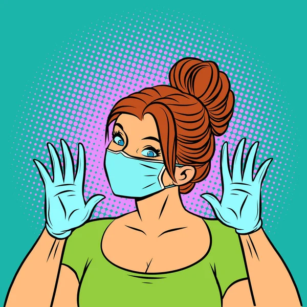 Μια γυναίκα που φοράει ιατρικά γάντια και μάσκα. — Διανυσματικό Αρχείο