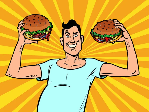 Maigre homme faible avec des hamburgers — Image vectorielle