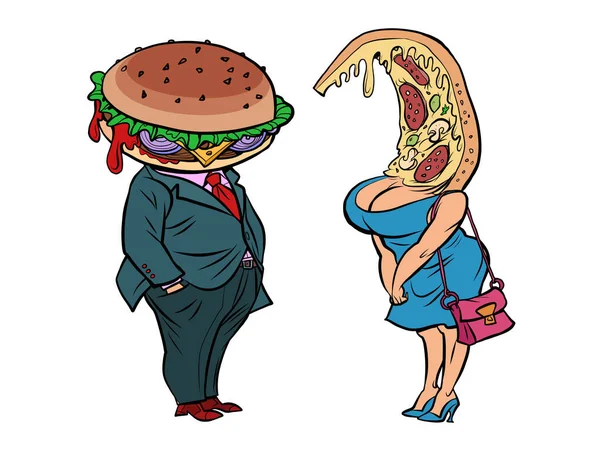 Deux personnages Burger et pizza se rencontrent et parlent — Image vectorielle
