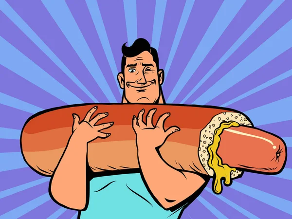 Ein starker athletischer Mann hebt einen riesigen Hot Dog — Stockvektor