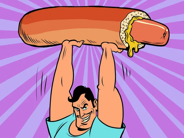A strong athletic man lifts a huge hot dog — Stock Vector