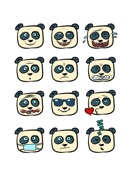 Panda Emoji rostos com diferentes emoções coleção definir personagem, animal bonito — Vetor de Stock