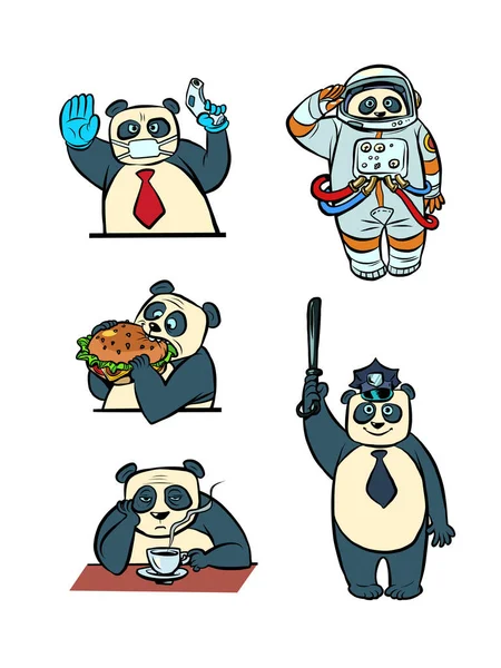 Panda verschillende personages taikonaut politie arts zakenman collectie set karakter, schattig dier — Stockvector