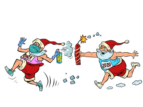 Coronavirus Santa Claus 2020 runs after healthy Santa 2021 — Stock Vector