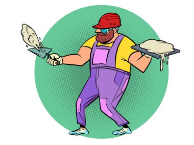 Worker with cement. Renovation and construction clipart