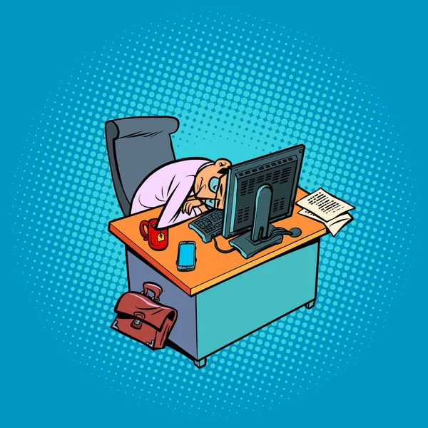 Sleepy tired male businessman works at an office workplace at a computer — Stock Vector