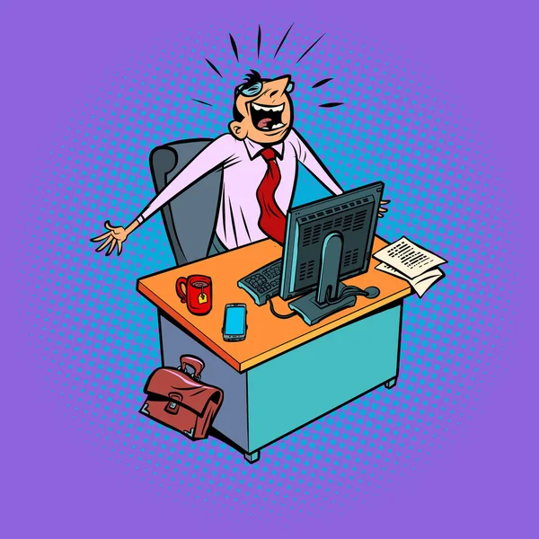 Hombre de negocios feliz trabaja en un lugar de trabajo de oficina en una computadora — Vector de stock