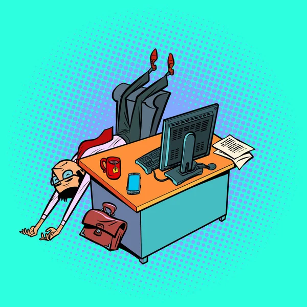 Tired sleeper male businessman works at an office workplace at a computer — Stock Vector