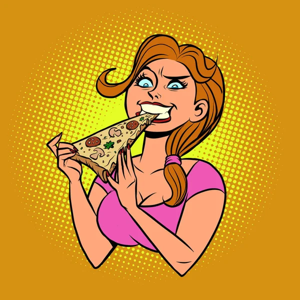 Забавная голодная девушка ест пиццу — стоковый вектор