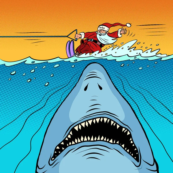 Der Weihnachtsmann fährt Wasserski. Gefährlicher Hai unter Wasser — Stockvektor