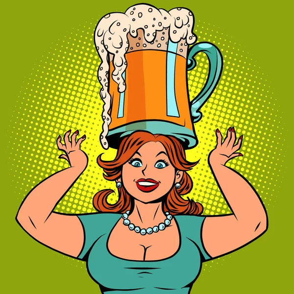 Femme drôle avec une tasse de bière — Image vectorielle