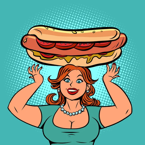 Donna divertente con un grande hot dog — Vettoriale Stock