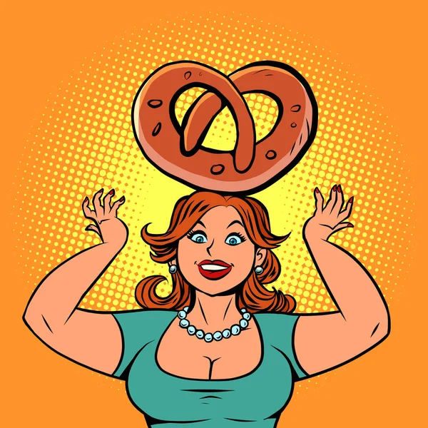 Mujer divertida pastelera con pretzel — Vector de stock