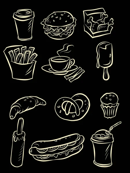 Svačinka ulice potravin kolekce sada ikon symboly náčrtek ruční kreslení — Stockový vektor
