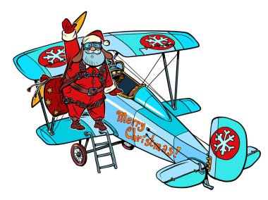 Noel Baba bir retro uçağa biner. Noel hikayesi. Beyaz izole arkaplan