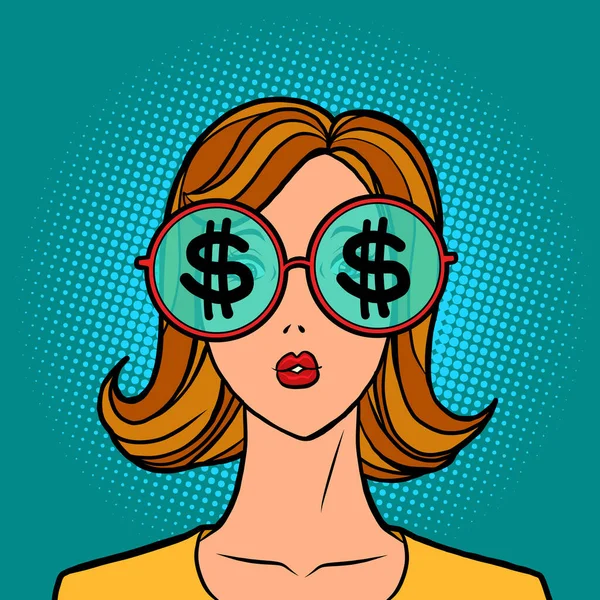 Dolarů peníze finance, mladá žena ve stylových slunečních brýlích — Stockový vektor