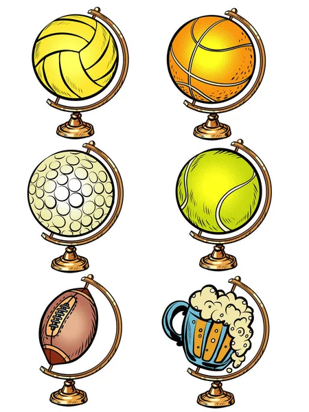 Globe set balles de sport basket-ball Golf tennis volley-ball et bière — Image vectorielle