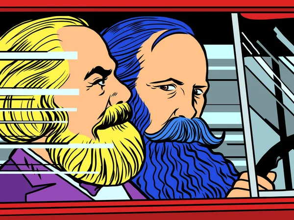 Карл Маркс і Фрідріх Енгельс в машині. — стоковий вектор