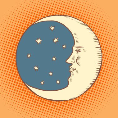 Luna bir karakter. Gece gökyüzünde hilal şeklinde bir ay. Yüz