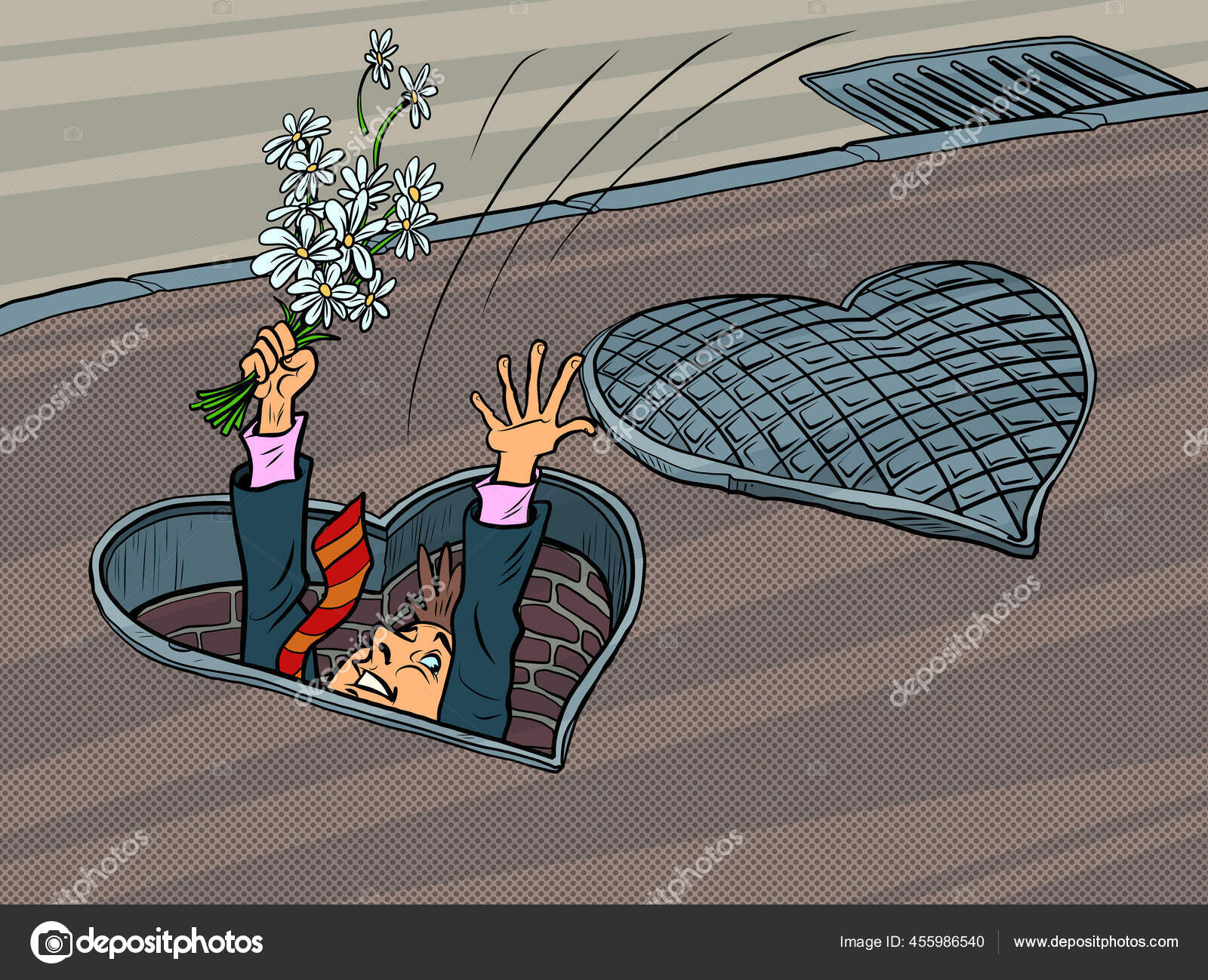 Un hombre enamorado iba a una cita y cayó en una alcantarilla, San Valentín  vacaciones en el corazón Vector de stock #455986540 de ©rogistok, image size:1600x1299