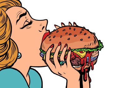 Bir kadın hamburger yer, yemek yer.