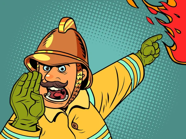 Retro fireman yells about a fire. Danger and rescuers — Stock Vector