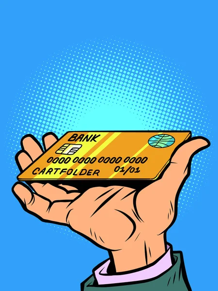 Un uomo tiene in mano una carta di credito bancaria. Servizi finanziari — Vettoriale Stock