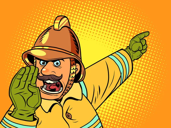 Retro brandweerman schreeuwt over een brand. Gevaar en redders — Stockvector