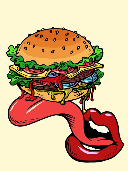 Bouche pop art et langue avec hamburger. restaurants gastronomiques et de rue — Image vectorielle