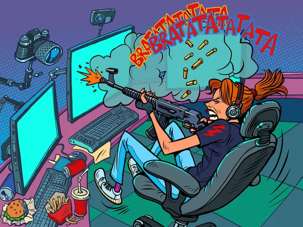 Gamer Girl Streamer, Online-Übertragung. Schießen aus virtuellen Waffen, Turnier — Stockvektor