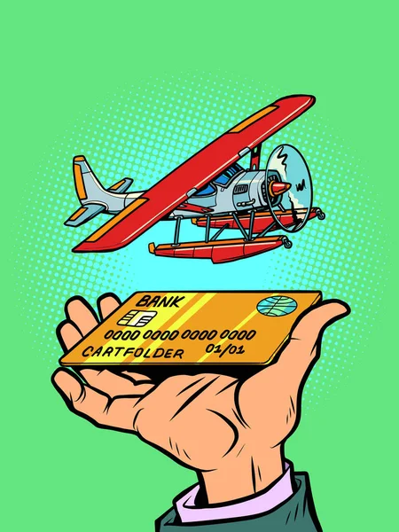 Hidroavión, avión de hélice de agua de pasajeros, aviación recreativa retro, tarjeta bancaria de crédito o débito — Vector de stock