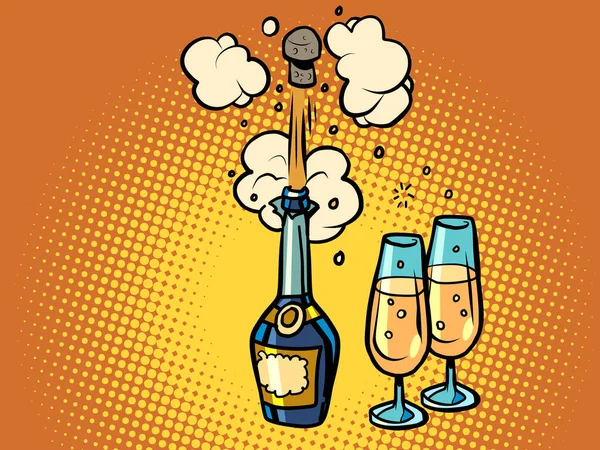 Una botella de champán dispara un corcho, vasos de vino. Celebración cumpleaños boda — Vector de stock