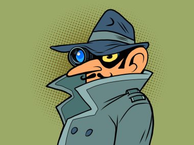 Gözüne mercek takmış bir casus. Röntgencilik ve gizlice dinleme. devlet gözetimi