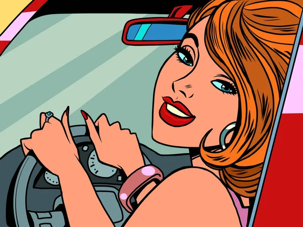 Красивая женщина за рулем автомобиля, радость счастья — стоковый вектор