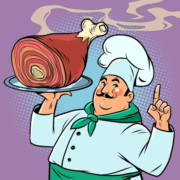 Шеф-повар и жареное мясо на подносе — стоковый вектор