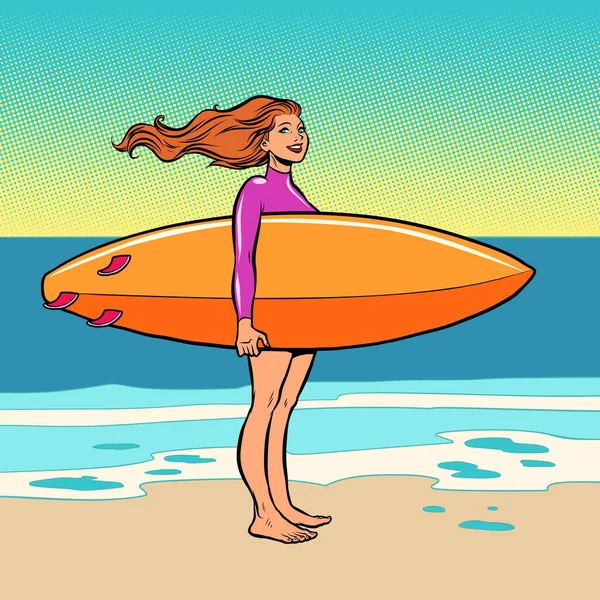 A surfer girl. Water board riding. Beach ocean waves and sea — Stockvector