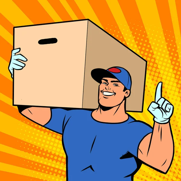 Entrega de mensajería hombre fuerte en una caja. Servicio de tienda online — Vector de stock