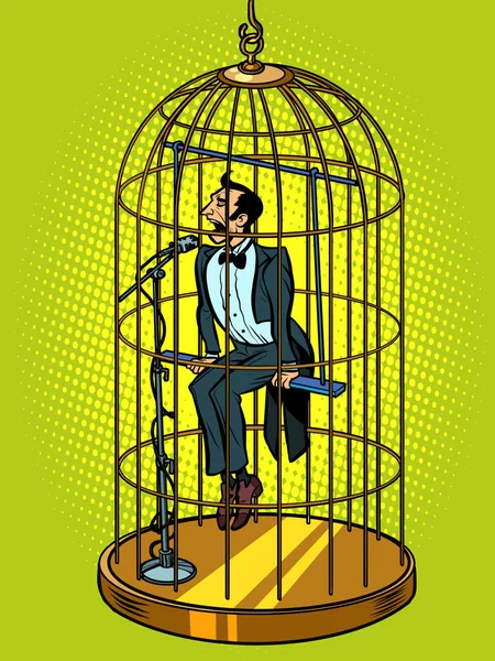 A male tenor singer in a bird cage. Musical voice concept — Stockvector