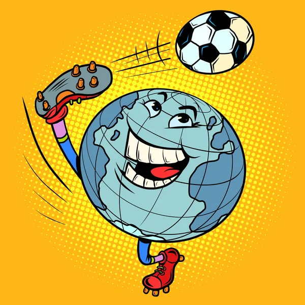 지구는 마치 공을 가지고 노는 축구 선수와 같은 캐릭터입니다. 국제 선수권 대회 — 스톡 벡터