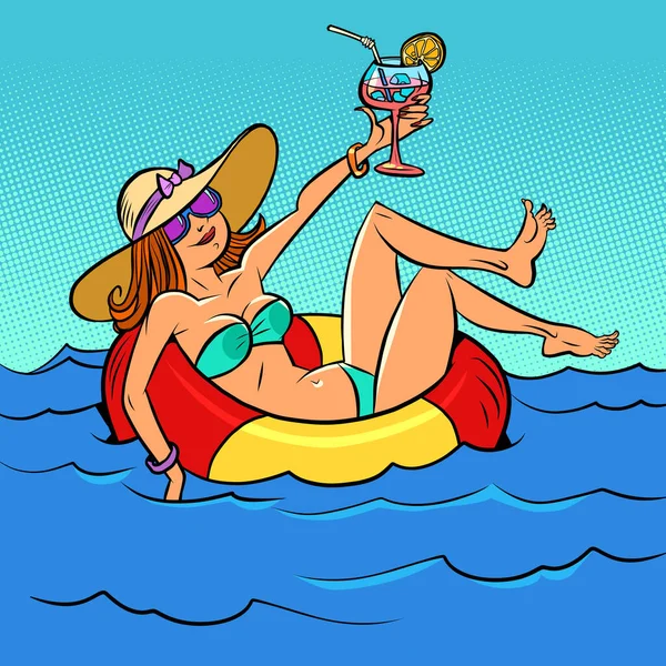 A woman is resting on the sea in an inflatable circle. Tourism and vacation holidays — Stockvector