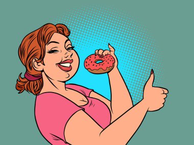 Bir kadın donut yiyor. Lezzetli şekerleme yemekleri. Jest gibi